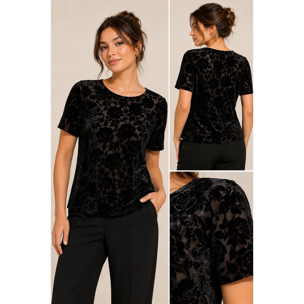 Liz Claiborne Collection Blouse 6 Black Silk Velvet Burnout Rose Goth 90s